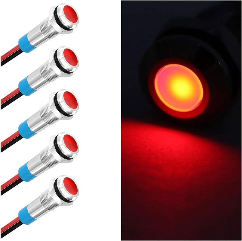 GLSOWEE 5PCS 6MM 1/4" LED Indicator Light, AC/DC 12-24V Waterproof IP66 Metal Signal Lamp, Metal Indicator with 145mm Wire, Automotive LED Indicator Light for Cars Trucks Boats (Red) - Image 1